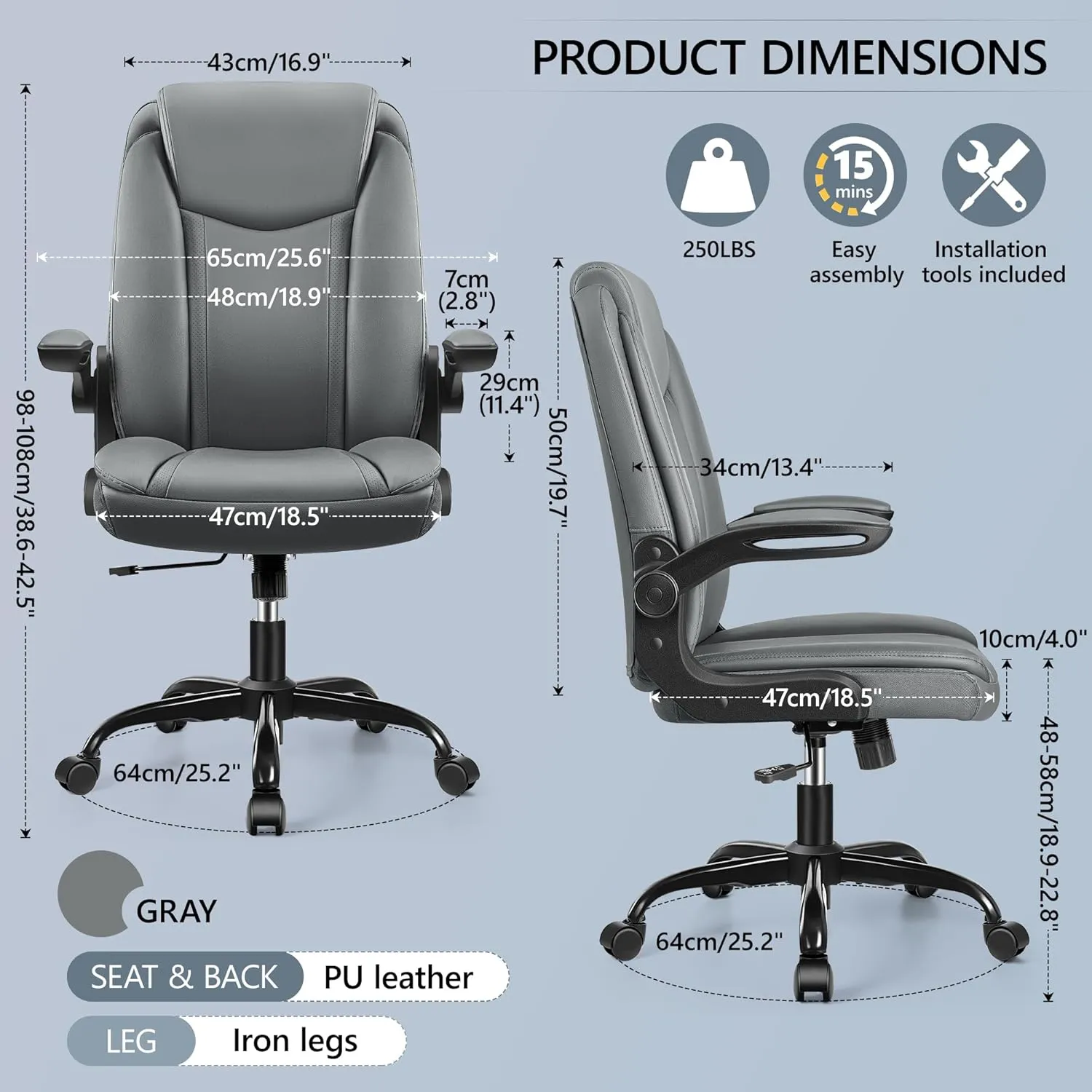 Office Chair Ergonomic Computer Desk Chair, Executive Leather Office Chair with Adjustable Flip-up Armrests Height, Swivel Task Chair with Lumbar Support Rocking Function for Home Office(Gray)