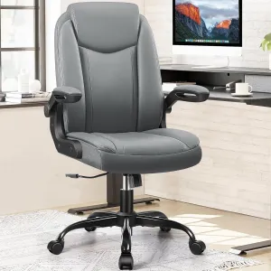 Office Chair Ergonomic Computer Desk Chair, Executive Leather Office Chair with Adjustable Flip-up Armrests Height, Swivel Task Chair with Lumbar Support Rocking Function for Home Office(Gray)