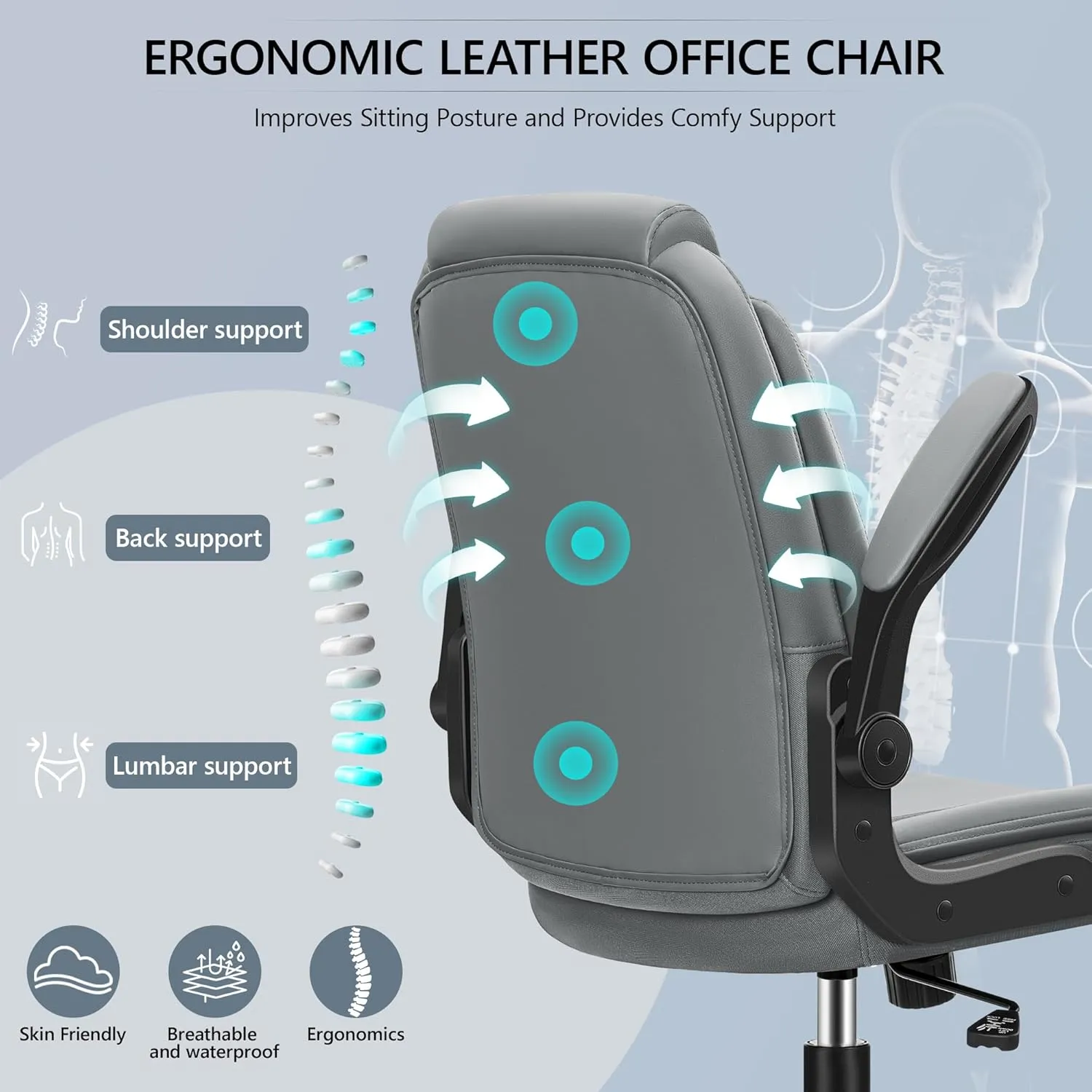 Office Chair Ergonomic Computer Desk Chair, Executive Leather Office Chair with Adjustable Flip-up Armrests Height, Swivel Task Chair with Lumbar Support Rocking Function for Home Office(Gray)
