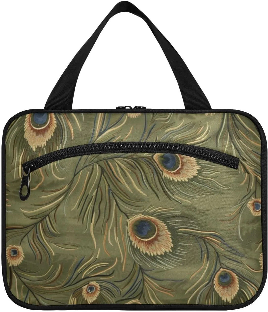 Olive Green Peacock Feathers hanging travel bag with hook, designer essential medicine bag for travel essentials hotel bolsas para maquillaje de mujer L