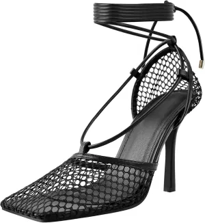 Olomisa Mesh Heels for Women - Wrap-up Heels with Square Toe & Strappy Fishnet Design