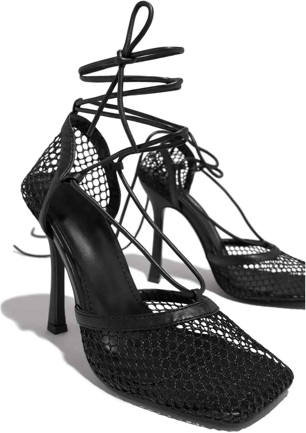 Olomisa Mesh Heels for Women - Wrap-up Heels with Square Toe & Strappy Fishnet Design