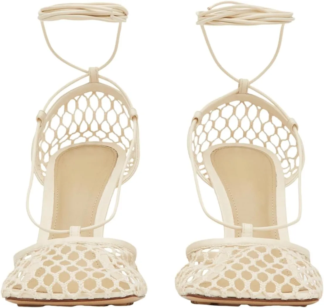 Olomisa Mesh Heels for Women - Wrap-up Heels with Square Toe & Strappy Fishnet Design
