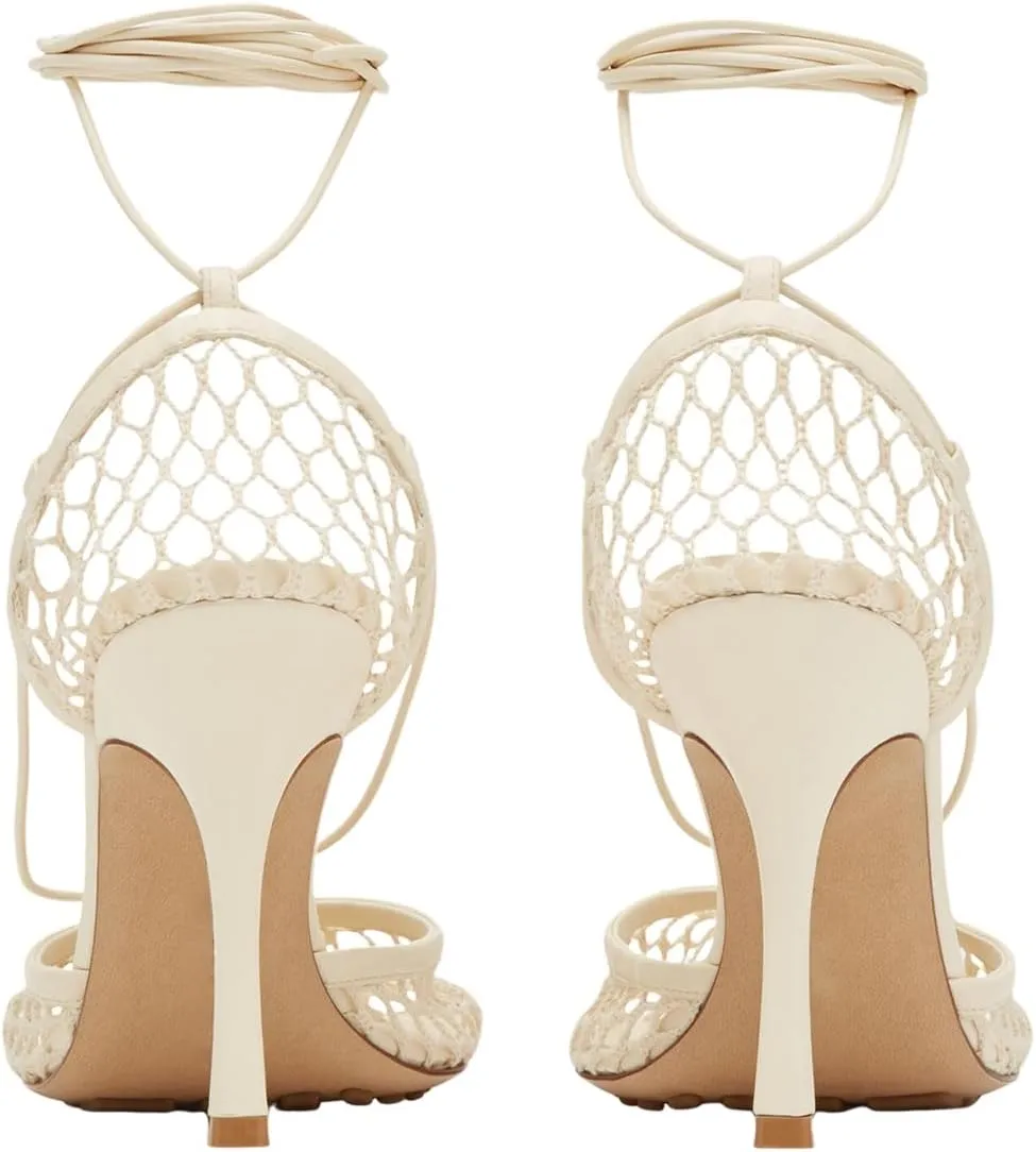 Olomisa Mesh Heels for Women - Wrap-up Heels with Square Toe & Strappy Fishnet Design