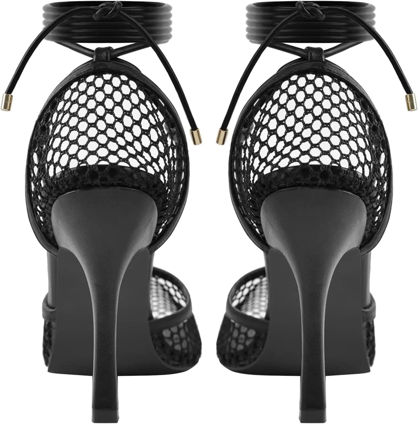 Olomisa Mesh Heels for Women - Wrap-up Heels with Square Toe & Strappy Fishnet Design