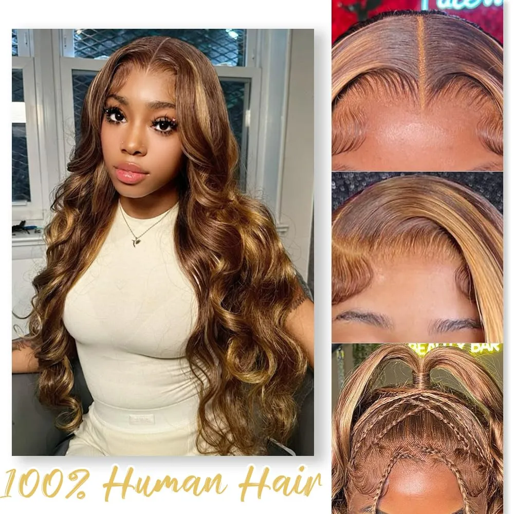 Ombre Lace Front Wig Human Hair Pre Plucked Highlight 13X4 Body Wave Lace Front Wigs Human Hair With Baby Hair 200% Density Honey Blonde 4/27 Colored Wigs For Women 22Inch