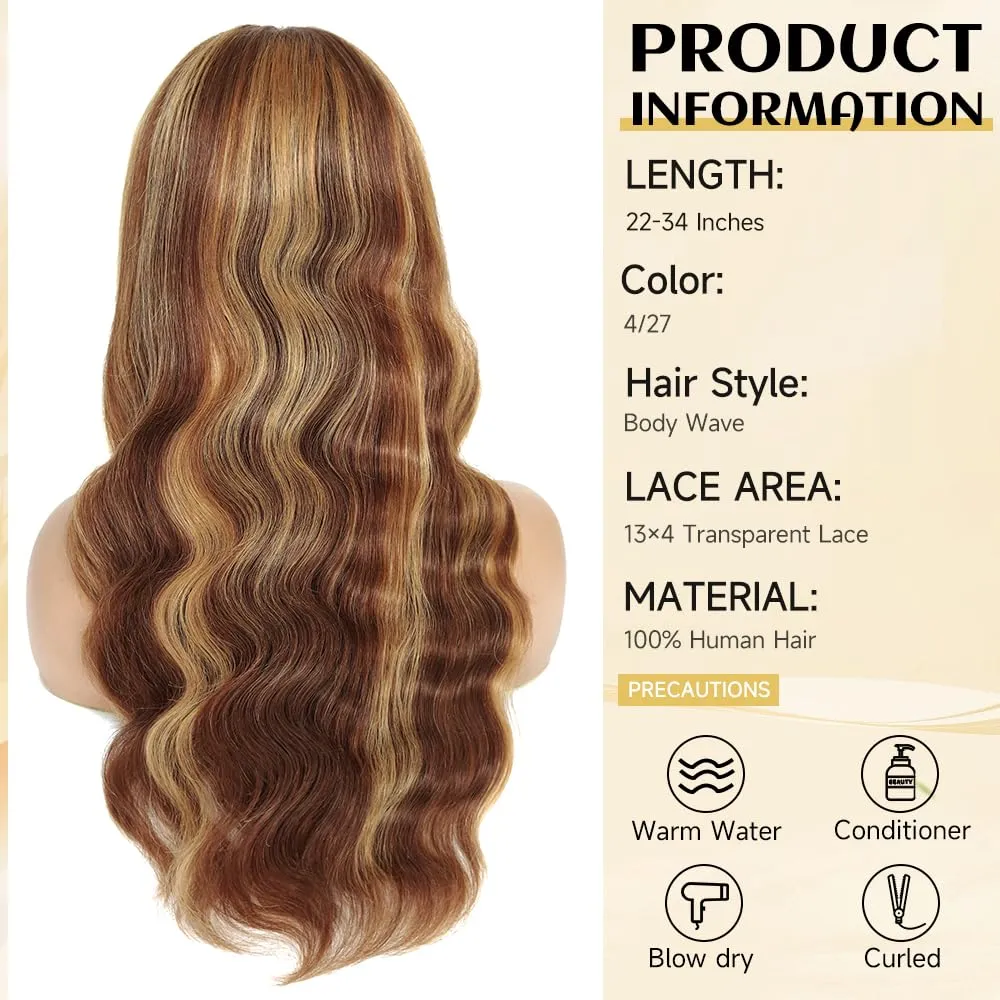 Ombre Lace Front Wig Human Hair Pre Plucked Highlight 13X4 Body Wave Lace Front Wigs Human Hair With Baby Hair 200% Density Honey Blonde 4/27 Colored Wigs For Women 22Inch