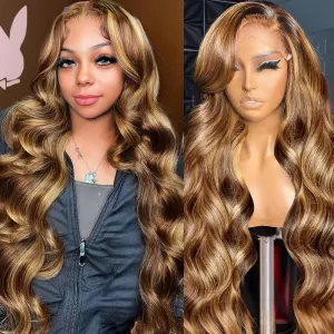 Ombre Lace Front Wig Human Hair Pre Plucked Highlight 13X4 Body Wave Lace Front Wigs Human Hair With Baby Hair 200% Density Honey Blonde 4/27 Colored Wigs For Women 22Inch