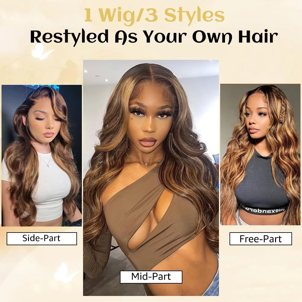 Ombre Lace Front Wig Human Hair Pre Plucked Highlight 13X4 Body Wave Lace Front Wigs Human Hair With Baby Hair 200% Density Honey Blonde 4/27 Colored Wigs For Women 22Inch