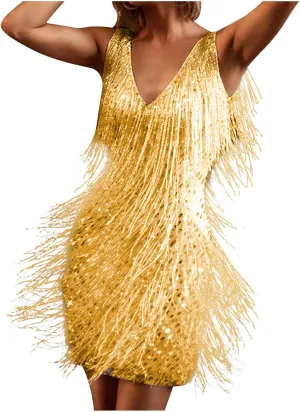 Oplxuo Cocktail Dresses for Women Sexy Deep V-Neck All-Over Fringe Spaghetti Straps Dress Sequins Feather Prom Party Dress