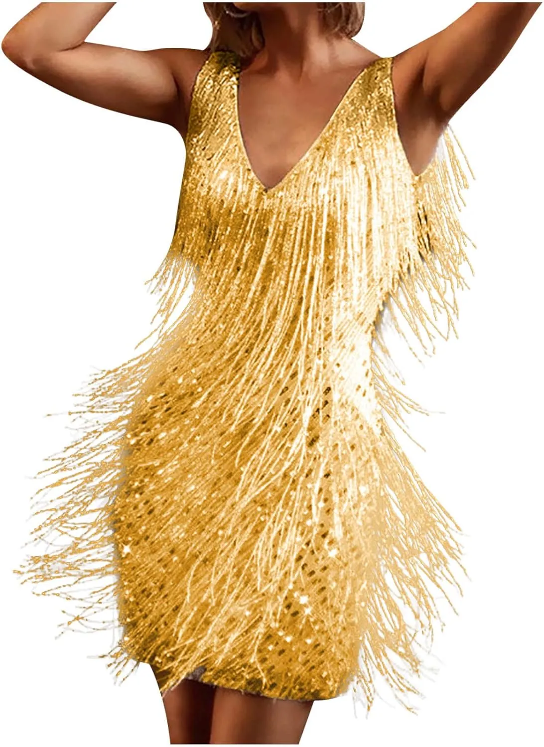 Oplxuo Cocktail Dresses for Women Sexy Deep V-Neck All-Over Fringe Spaghetti Straps Dress Sequins Feather Prom Party Dress
