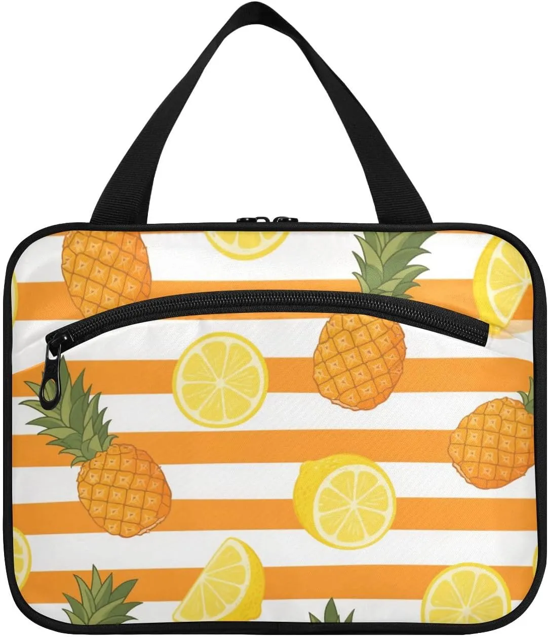 Orange White Stripe Summer Fruit hanging toiletry bag hanging travel organizer with hook, designer foldable medicine bags for travel essentials cruises bolso de mano para hombre L
