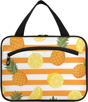 Orange White Stripe Summer Fruit hanging toiletry bag hanging travel organizer with hook, designer foldable medicine bags for travel essentials cruises bolso de mano para hombre L