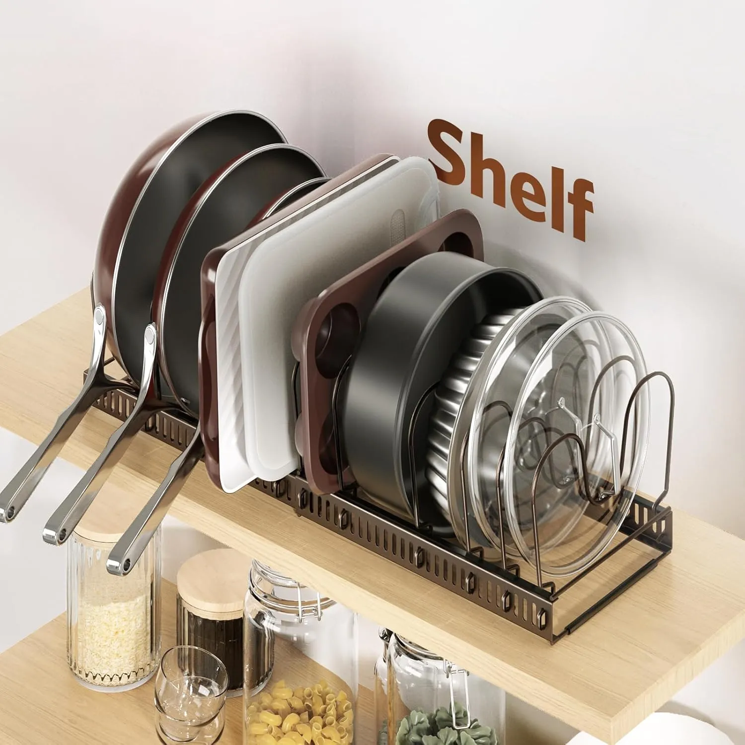 ORDORA Pots and Pans Organizer: Under Cabinet, 12 Adjustable Dividers, 11.8''-22.8'' Extendable,Pan Organizers inside Cabinet for Kitchen Storage-Bronze