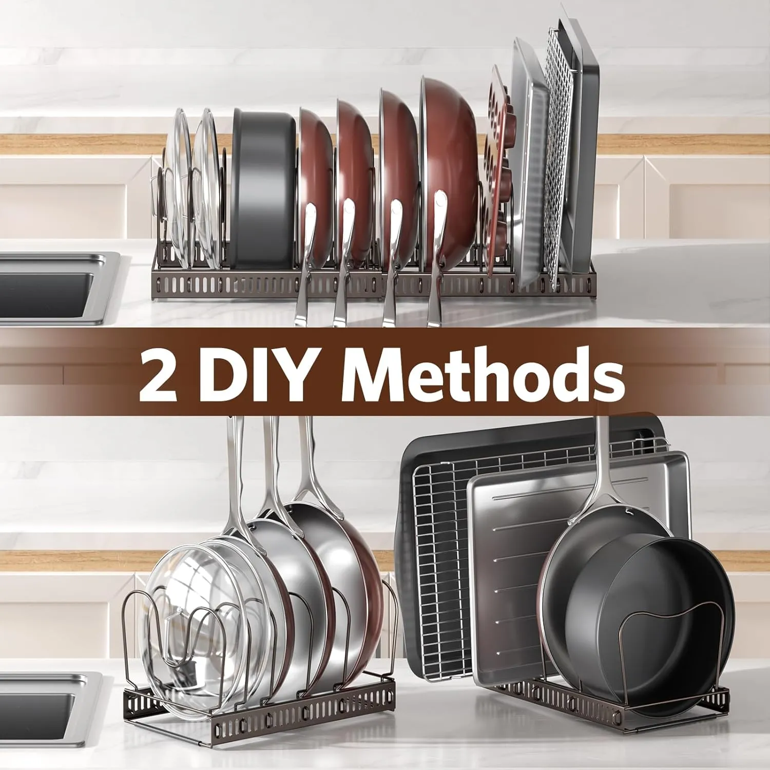 ORDORA Pots and Pans Organizer: Under Cabinet, 12 Adjustable Dividers, 11.8''-22.8'' Extendable,Pan Organizers inside Cabinet for Kitchen Storage-Bronze