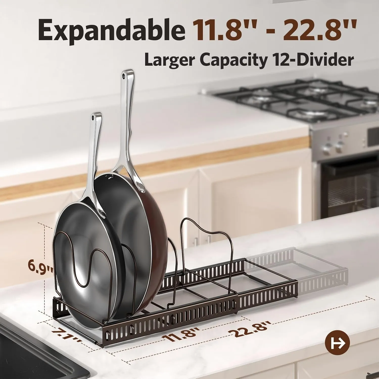 ORDORA Pots and Pans Organizer: Under Cabinet, 12 Adjustable Dividers, 11.8''-22.8'' Extendable,Pan Organizers inside Cabinet for Kitchen Storage-Bronze