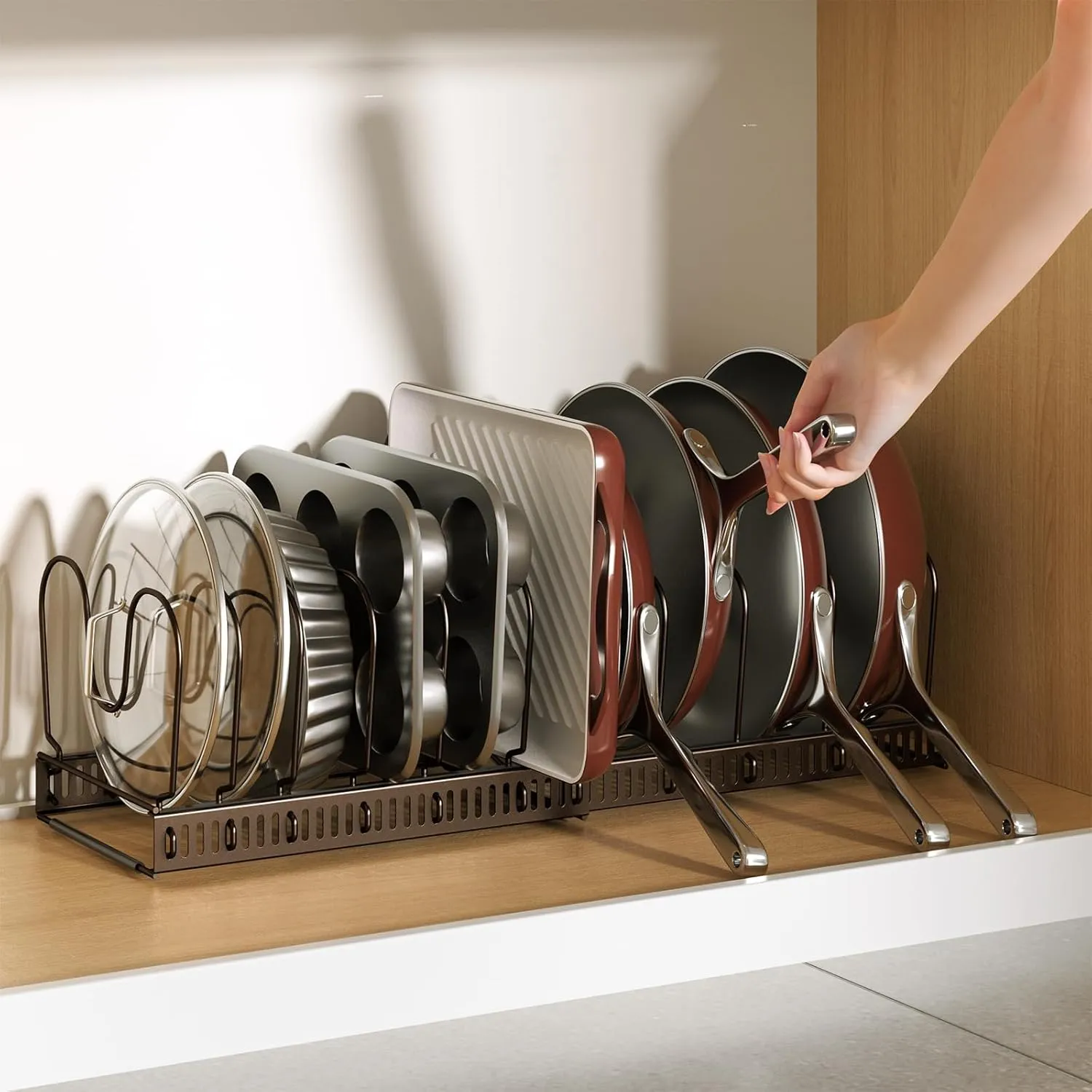 ORDORA Pots and Pans Organizer: Under Cabinet, 12 Adjustable Dividers, 11.8''-22.8'' Extendable,Pan Organizers inside Cabinet for Kitchen Storage-Bronze