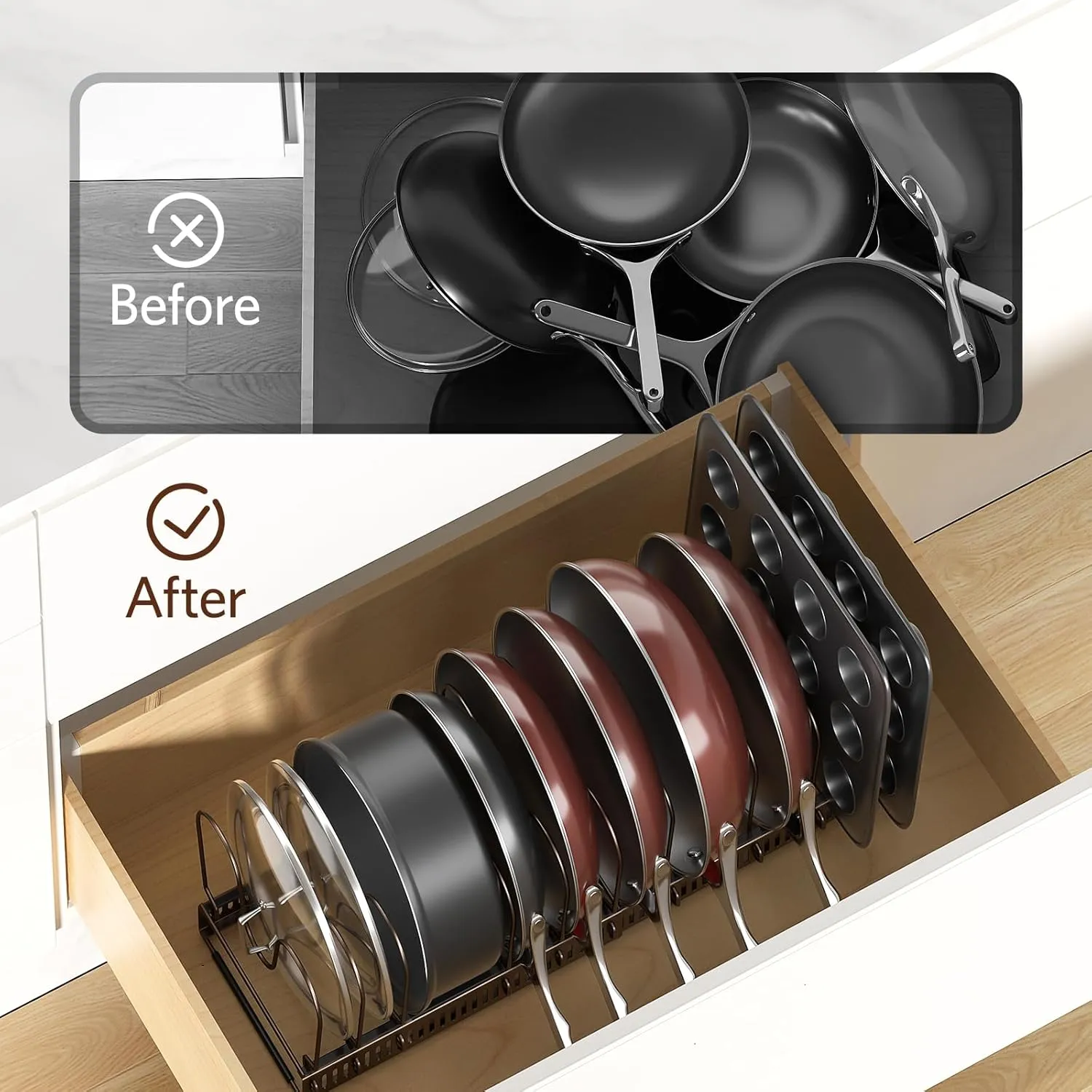 ORDORA Pots and Pans Organizer: Under Cabinet, 12 Adjustable Dividers, 11.8''-22.8'' Extendable,Pan Organizers inside Cabinet for Kitchen Storage-Bronze
