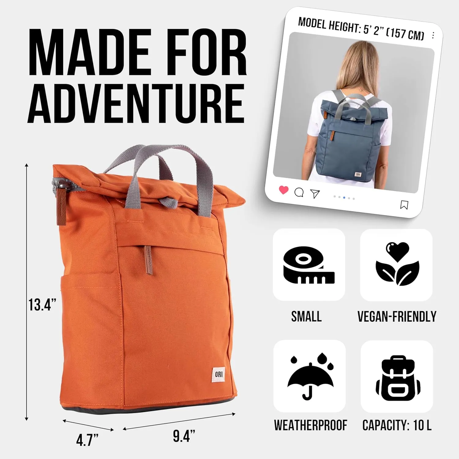 ORI LONDON Rolltop Backpack - Small Travel Backpack with Lots of Pockets for Men & Women - The Finchley, Moss