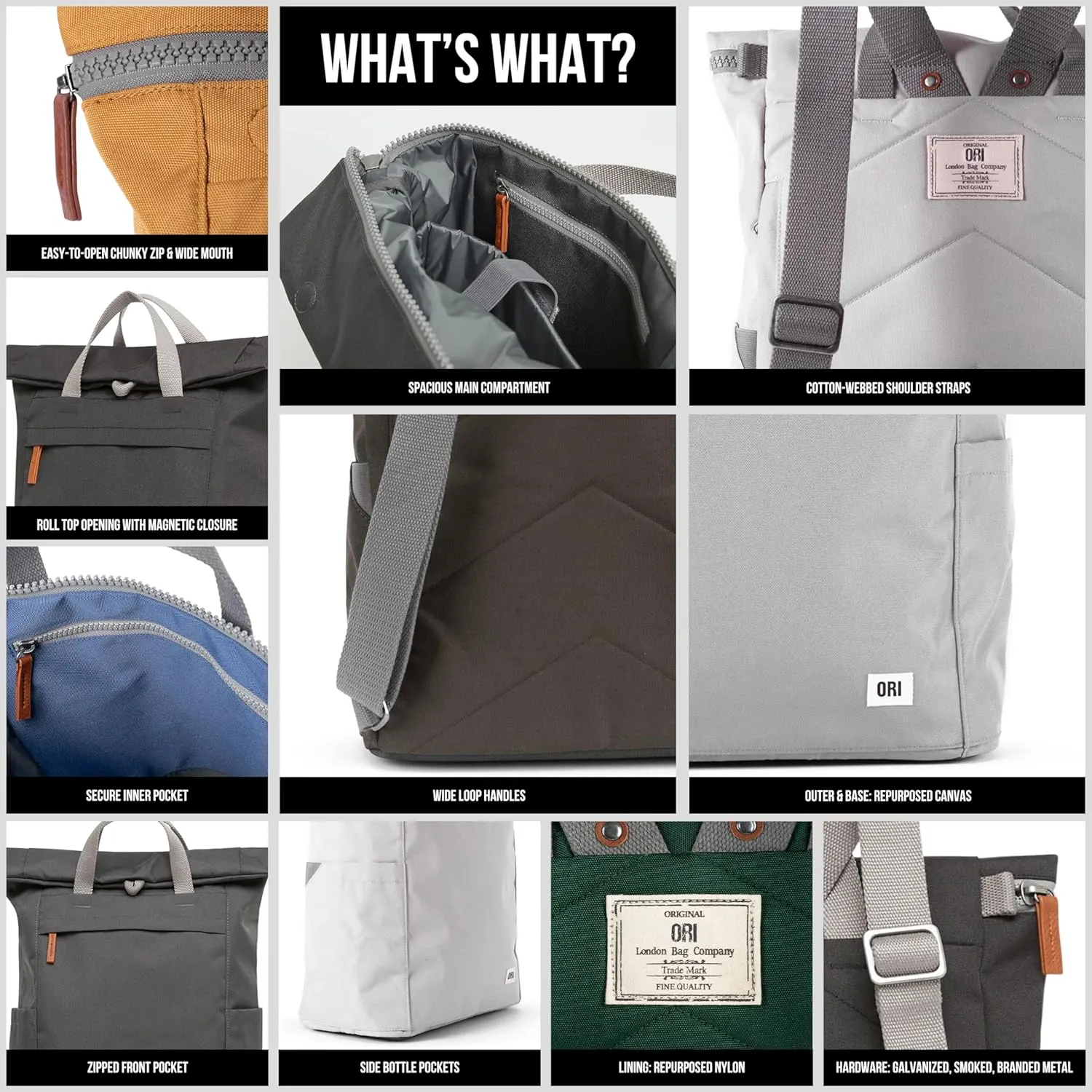 ORI LONDON Rolltop Backpack - Small Travel Backpack with Lots of Pockets for Men & Women - The Finchley, Moss