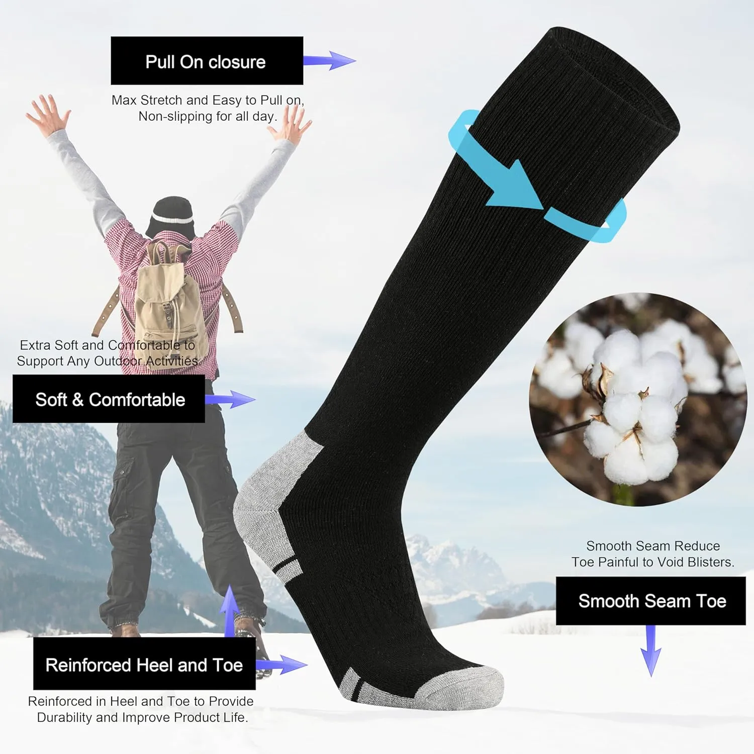 Ortis Cotton Full Cushion Over the Calf Socks OTC Knee High Thick Moisture Wicking Breathable Work Boot Thermal Warm