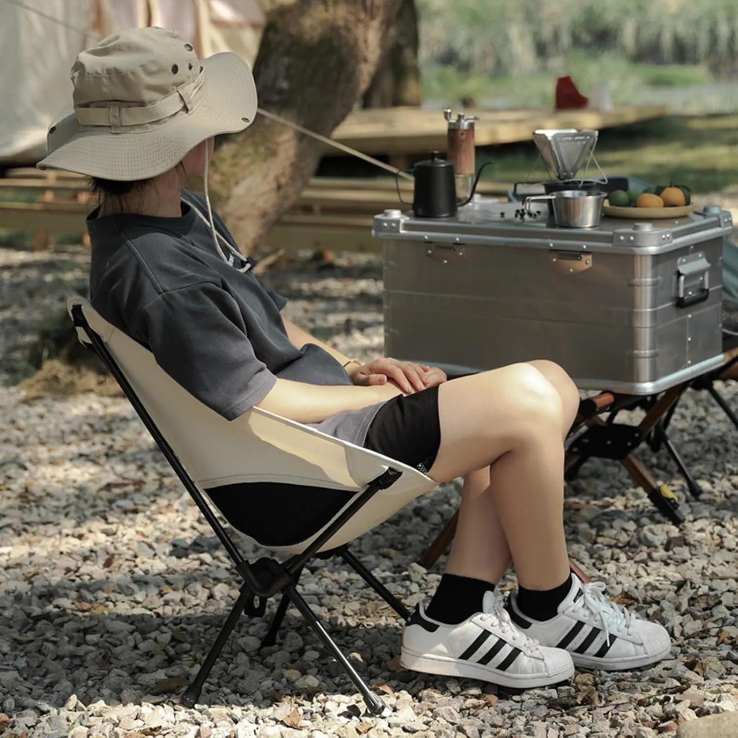 Outdoor Folding Chair Portable Moon Chair Fishing Stool Art Chair Breathable Mesh Backrest Chair Picnic Table and Chair Set