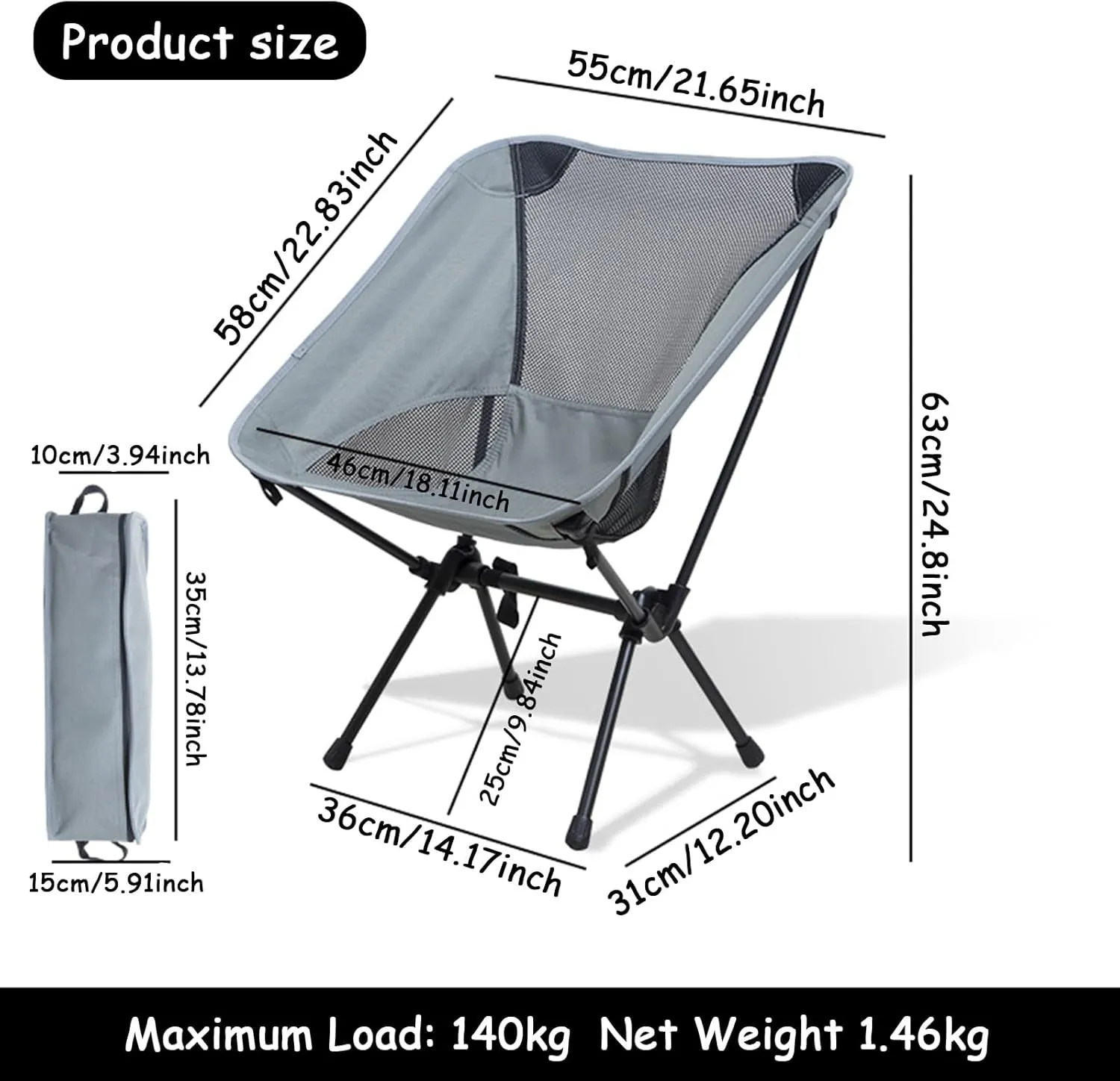 Outdoor Folding Chairs, Portable Camping Chair with Storage Bag, Support up to 300Lbs, Ultralight Compact Foldable Backpacking Chair for Beach Hiking Picnic Fishing Camp Travel,Gray