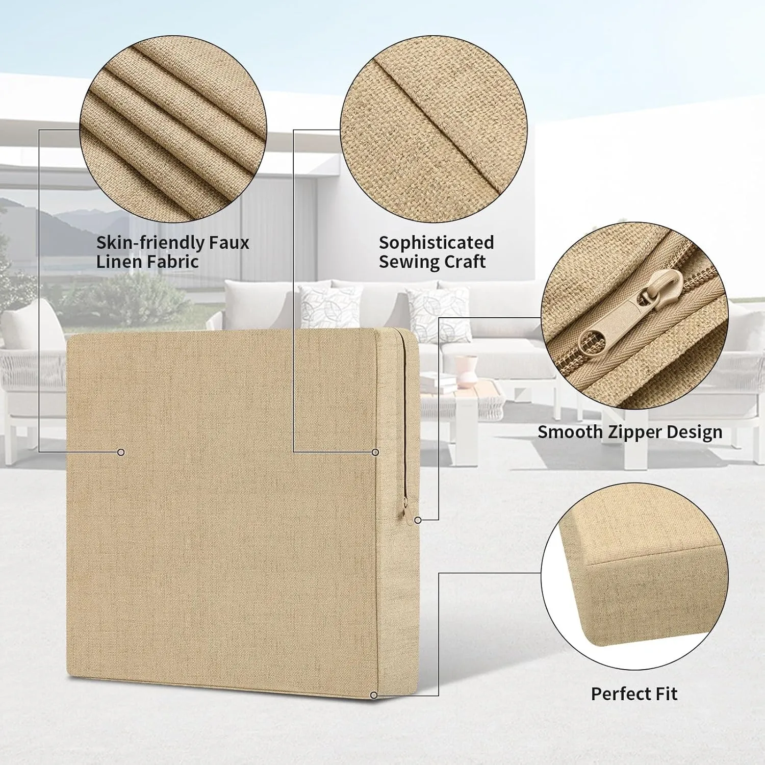 OutdoorLines Faux Linen Outdoor Cushion Covers Replacement 24"x24"x4", Waterproof Patio Cushion Cover for Outdoor Furniture, Seat Cushion Covers for Patio, Garden (Set of 4, Camel, Cover Only)