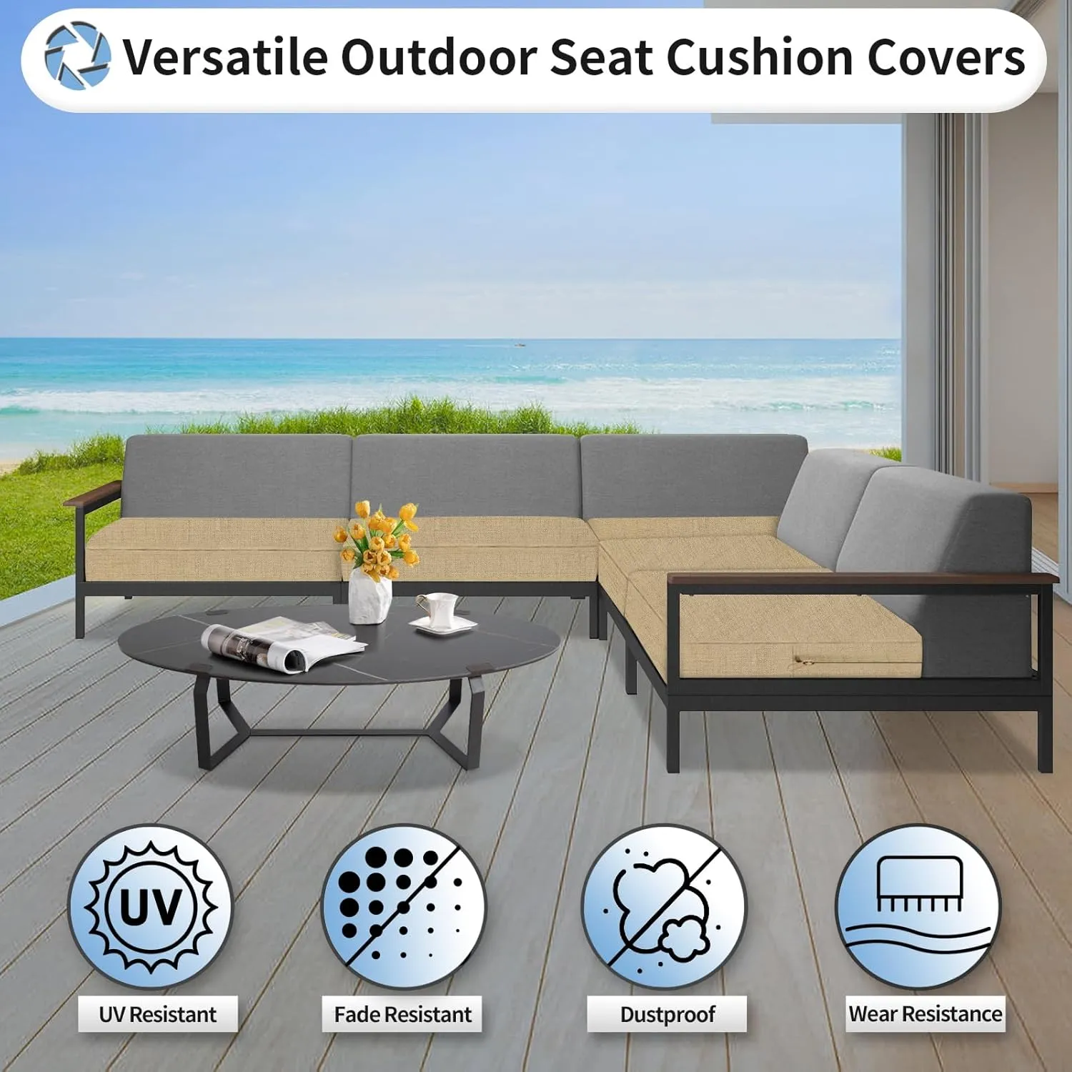 OutdoorLines Faux Linen Outdoor Cushion Covers Replacement 24"x24"x4", Waterproof Patio Cushion Cover for Outdoor Furniture, Seat Cushion Covers for Patio, Garden (Set of 4, Camel, Cover Only)