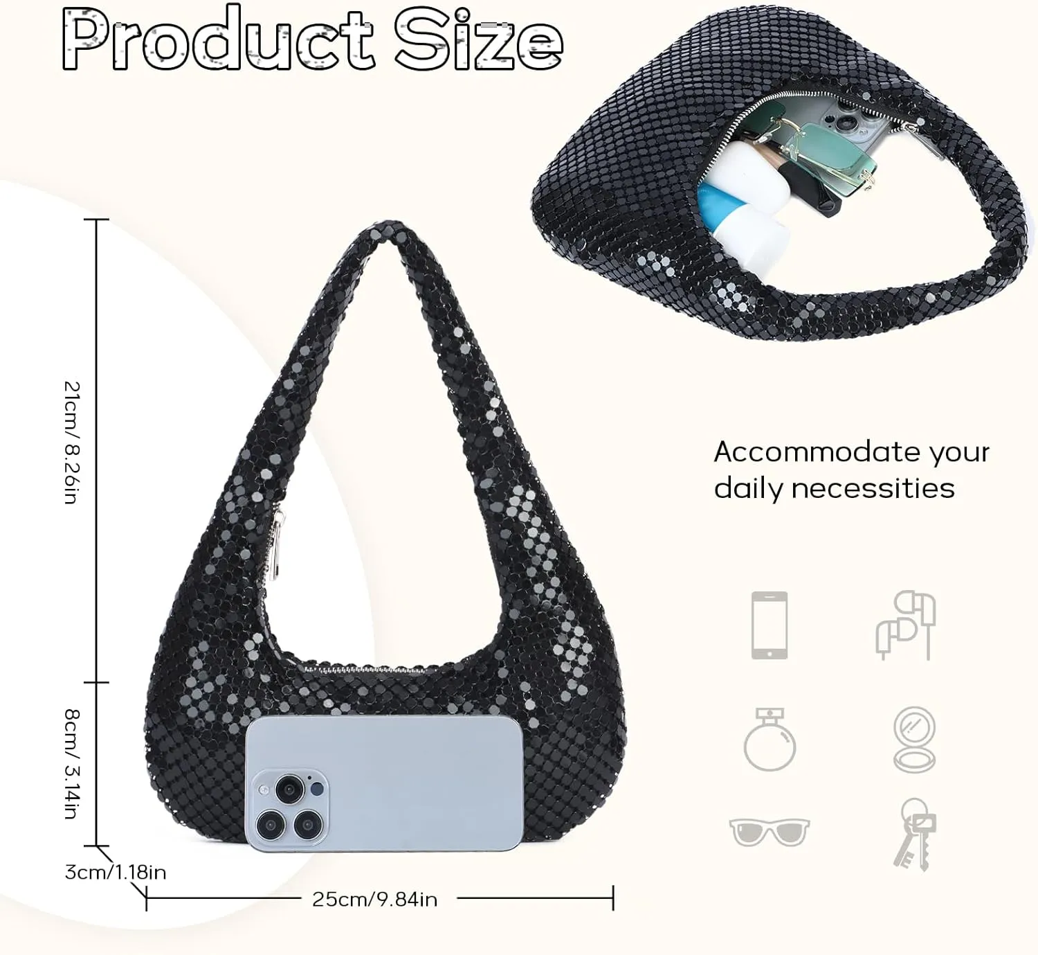 Oweisong Gold Purse for Women Beaded Shoulder Handbag Moon Hobo Top Handle Satchel Evening Bag for Wedding Cocktail