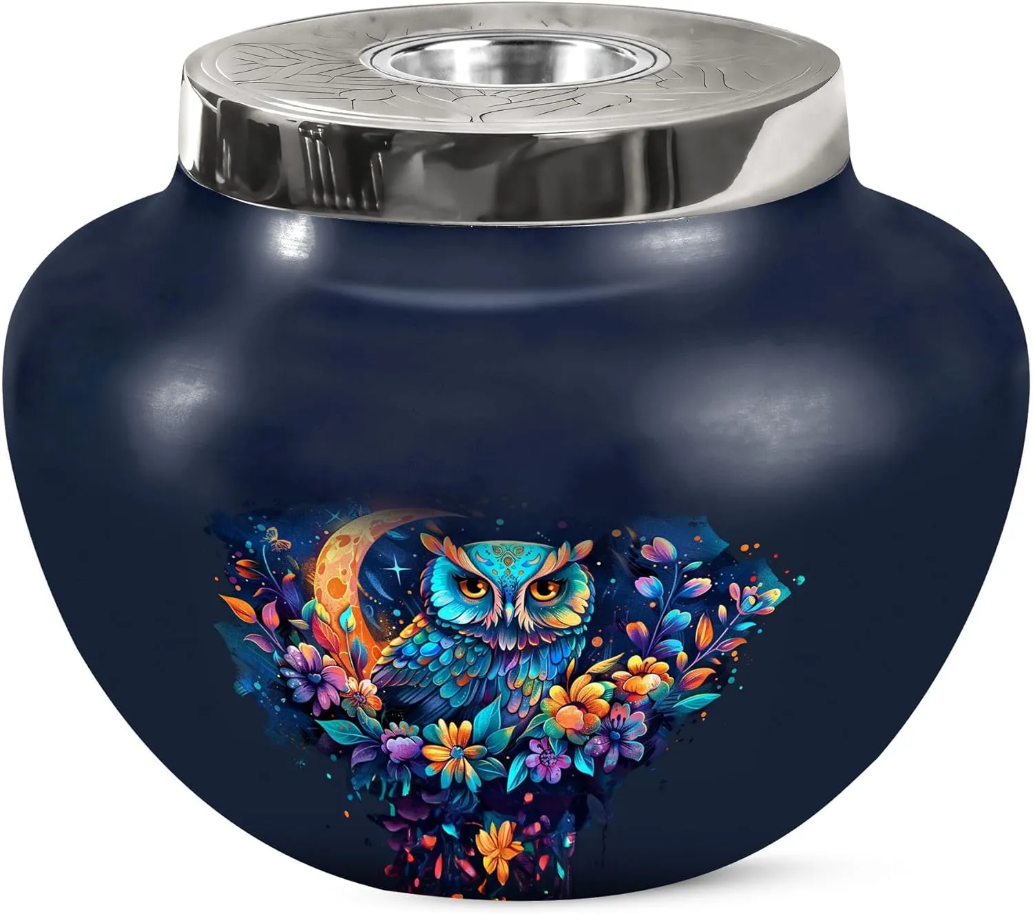 Owl Funeral Urn for Ashes for Women - Large Dark Blue Cremation Urns for Adult Ashes Dad - Memorial Container with Velvet Bag - 7 Inch