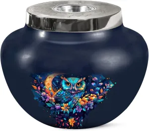 Owl Funeral Urn for Ashes for Women - Large Dark Blue Cremation Urns for Adult Ashes Dad - Memorial Container with Velvet Bag - 7 Inch