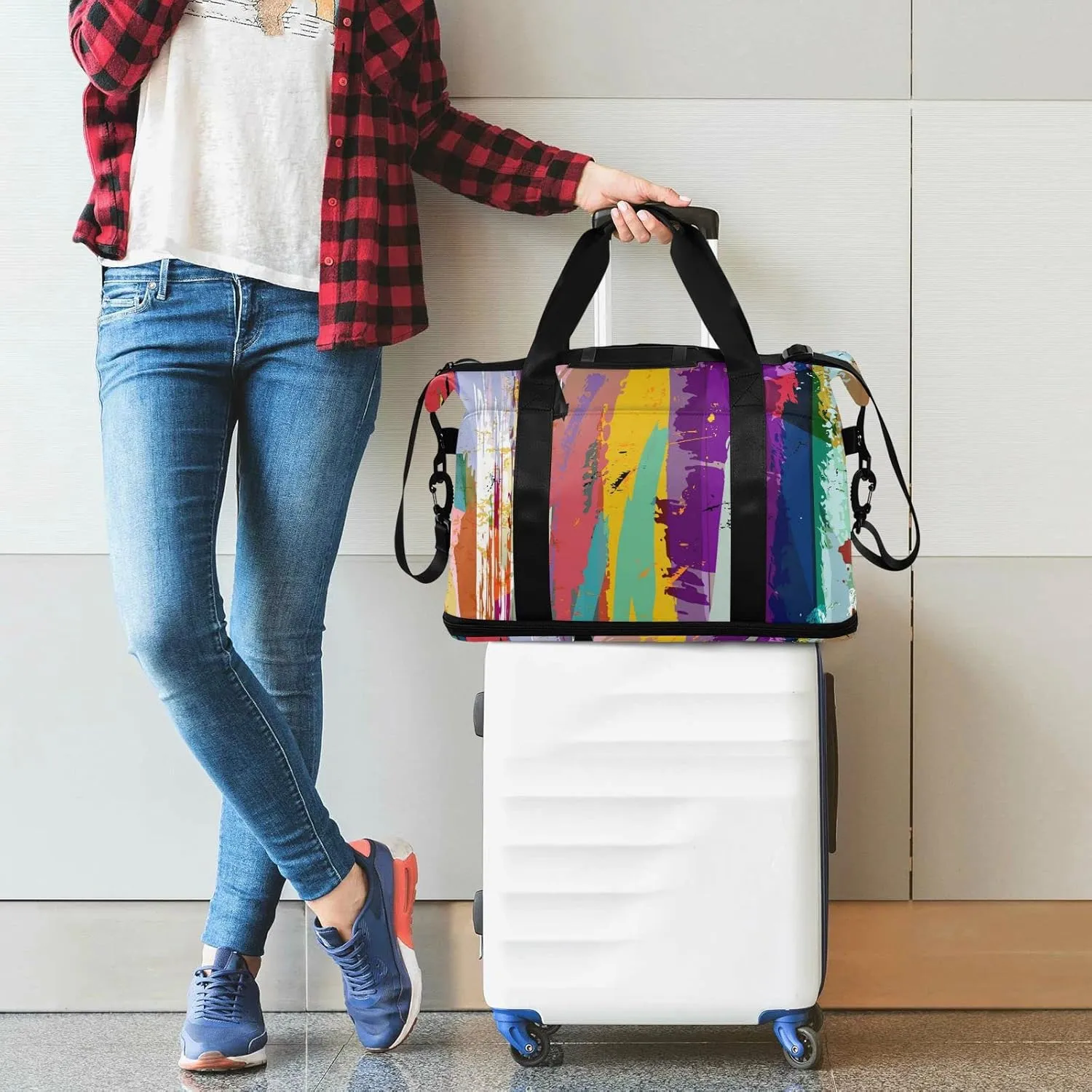 Oyihfvs Colorful Abstract Background with Paint Strokes, Splashes Stripes Foldable Travel Bag, Camping Luggage bag, Portable Gym Bag, Sports Bag, Toiletry Bag with Handles Adjustable Shoulder Strap