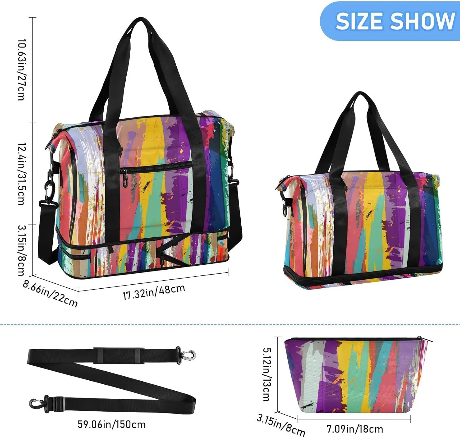 Oyihfvs Colorful Abstract Background with Paint Strokes, Splashes Stripes Foldable Travel Bag, Camping Luggage bag, Portable Gym Bag, Sports Bag, Toiletry Bag with Handles Adjustable Shoulder Strap