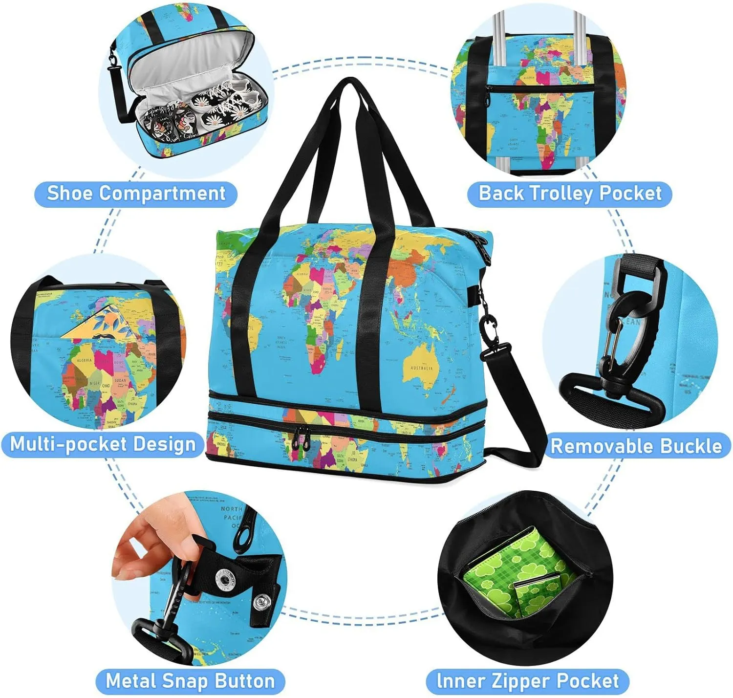 Oyihfvs World Map Foldable Travel Bag, Camping Luggage bag, Portable Gym Bag, Sports Bag, Toiletry Bag with Handles Adjustable Shoulder Strap