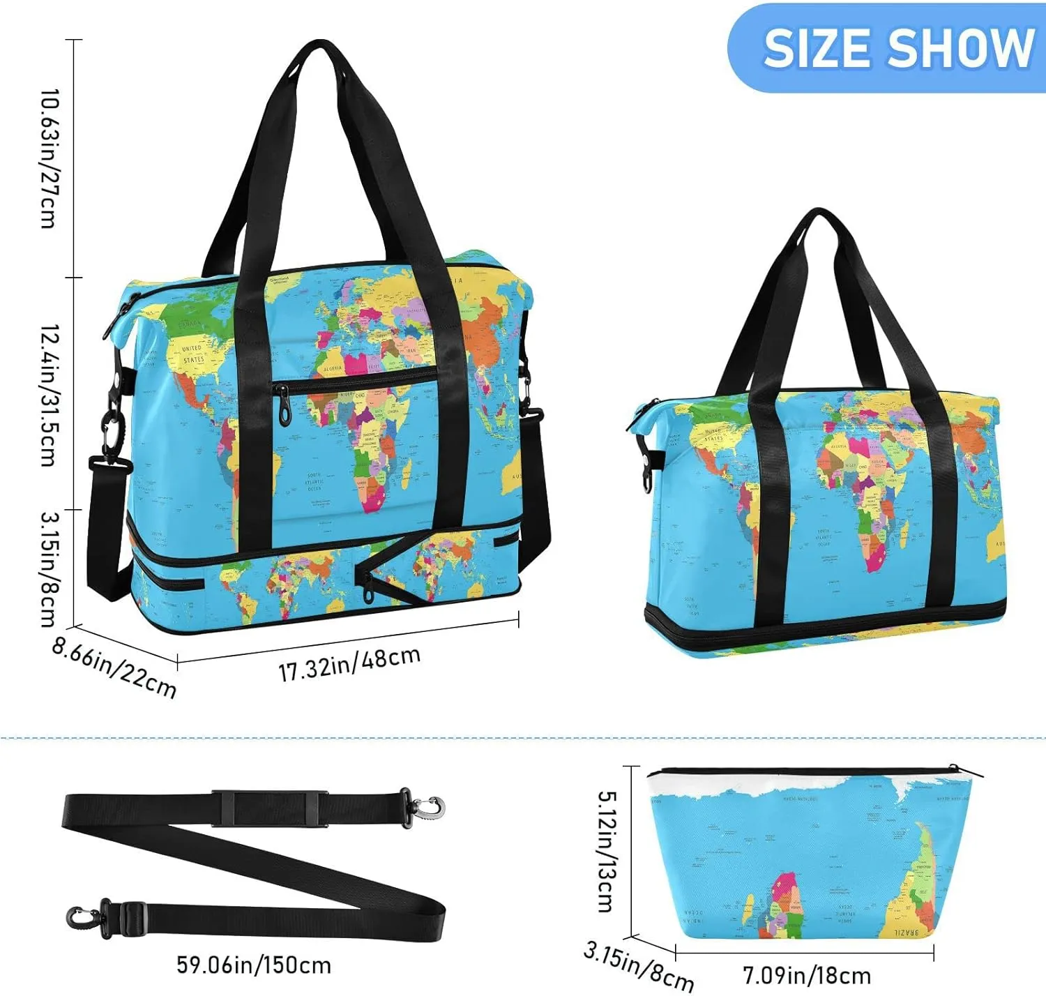 Oyihfvs World Map Foldable Travel Bag, Camping Luggage bag, Portable Gym Bag, Sports Bag, Toiletry Bag with Handles Adjustable Shoulder Strap