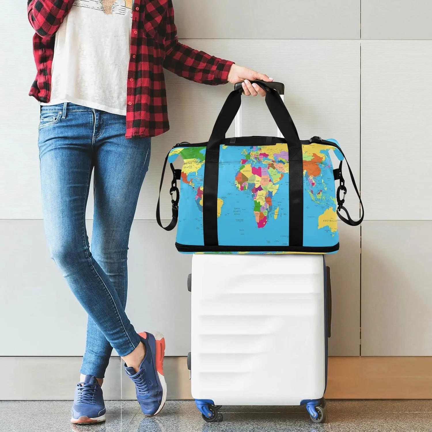 Oyihfvs World Map Foldable Travel Bag, Camping Luggage bag, Portable Gym Bag, Sports Bag, Toiletry Bag with Handles Adjustable Shoulder Strap
