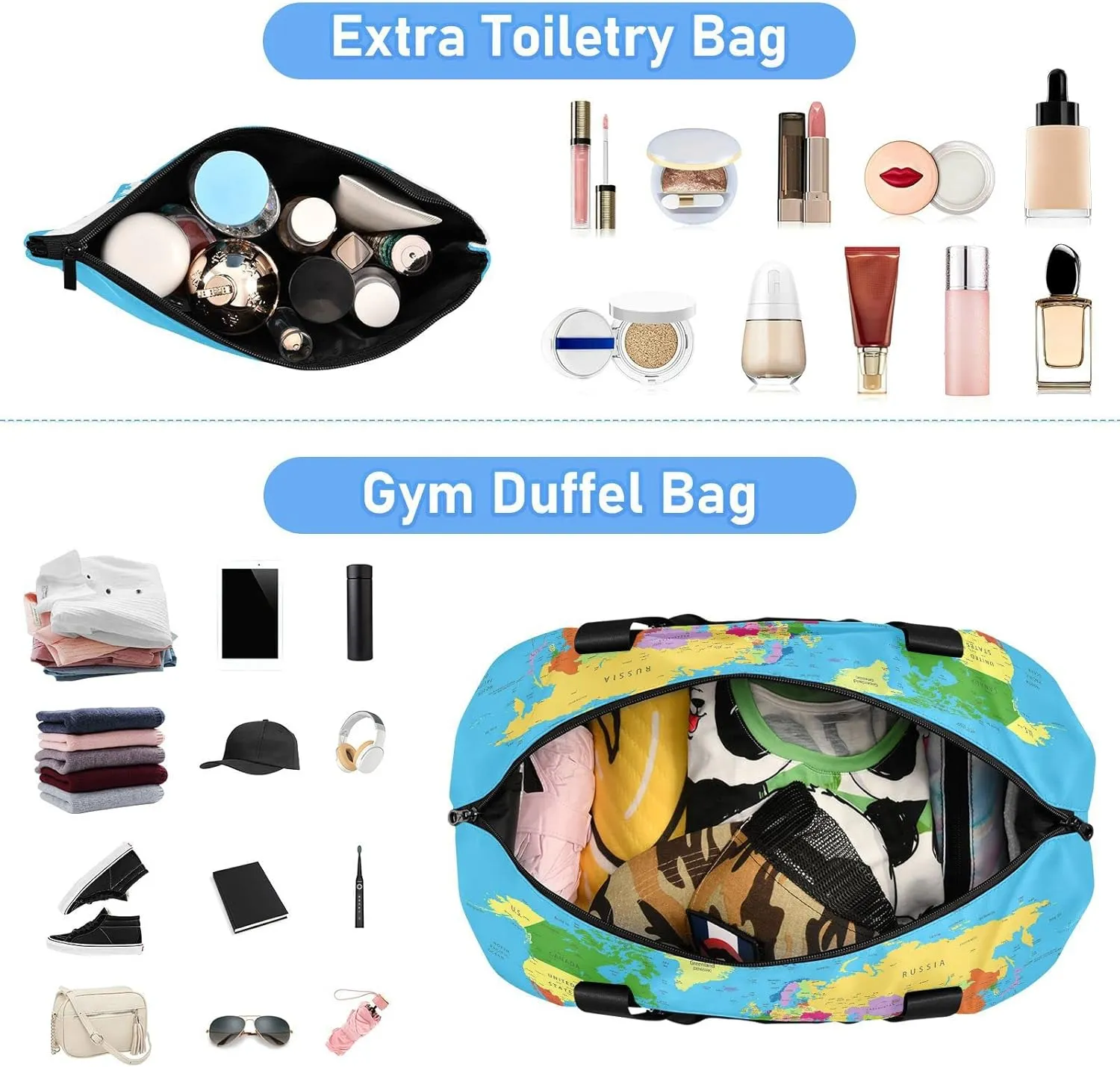 Oyihfvs World Map Foldable Travel Bag, Camping Luggage bag, Portable Gym Bag, Sports Bag, Toiletry Bag with Handles Adjustable Shoulder Strap