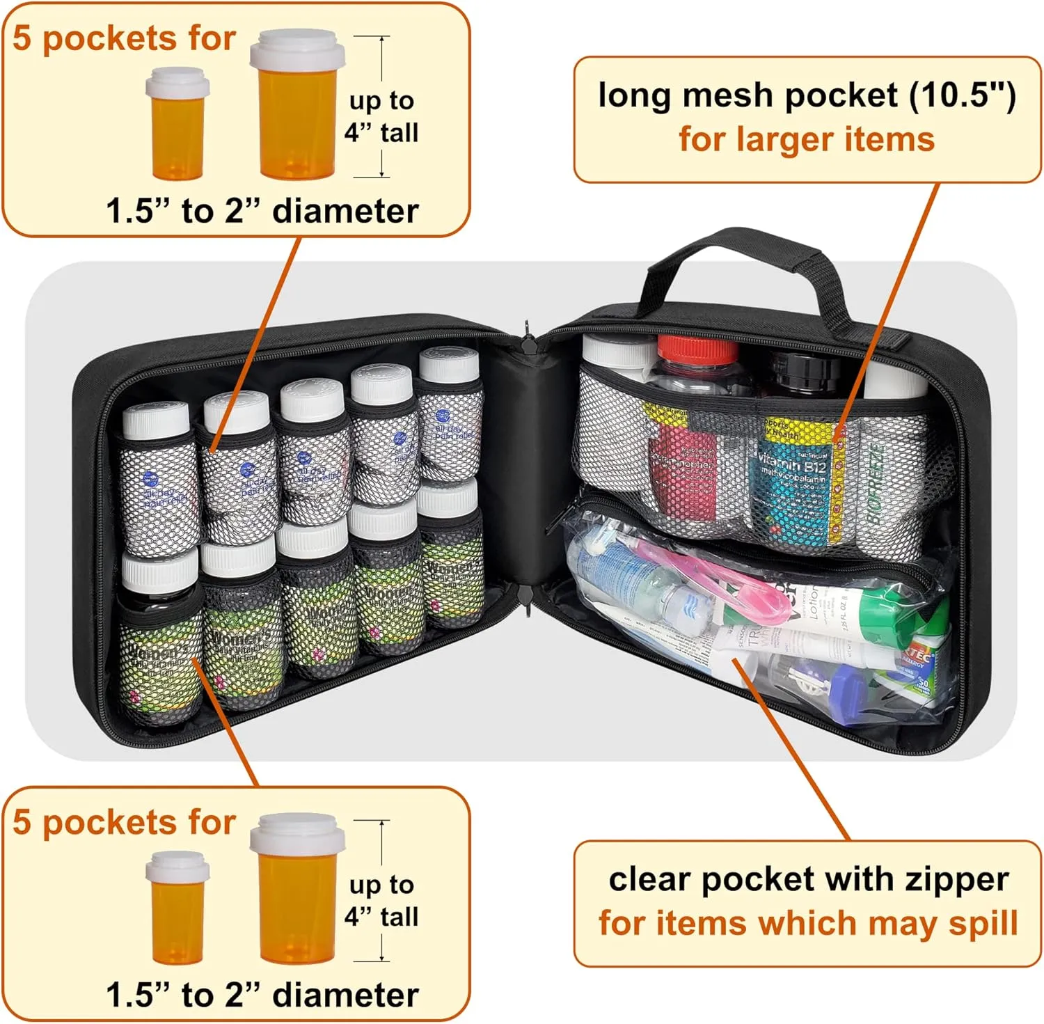 Pack of 2 - Large Padded Pill Bottle Organizer, Medicine Bag, Case, Carrier for Medications, Vitamins, and Medical Supplies with Fixed Pockets - Black (Without Lock)