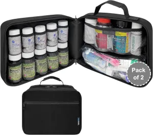 Pack of 2 - Large Padded Pill Bottle Organizer, Medicine Bag, Case, Carrier for Medications, Vitamins, and Medical Supplies with Fixed Pockets - Black (Without Lock)