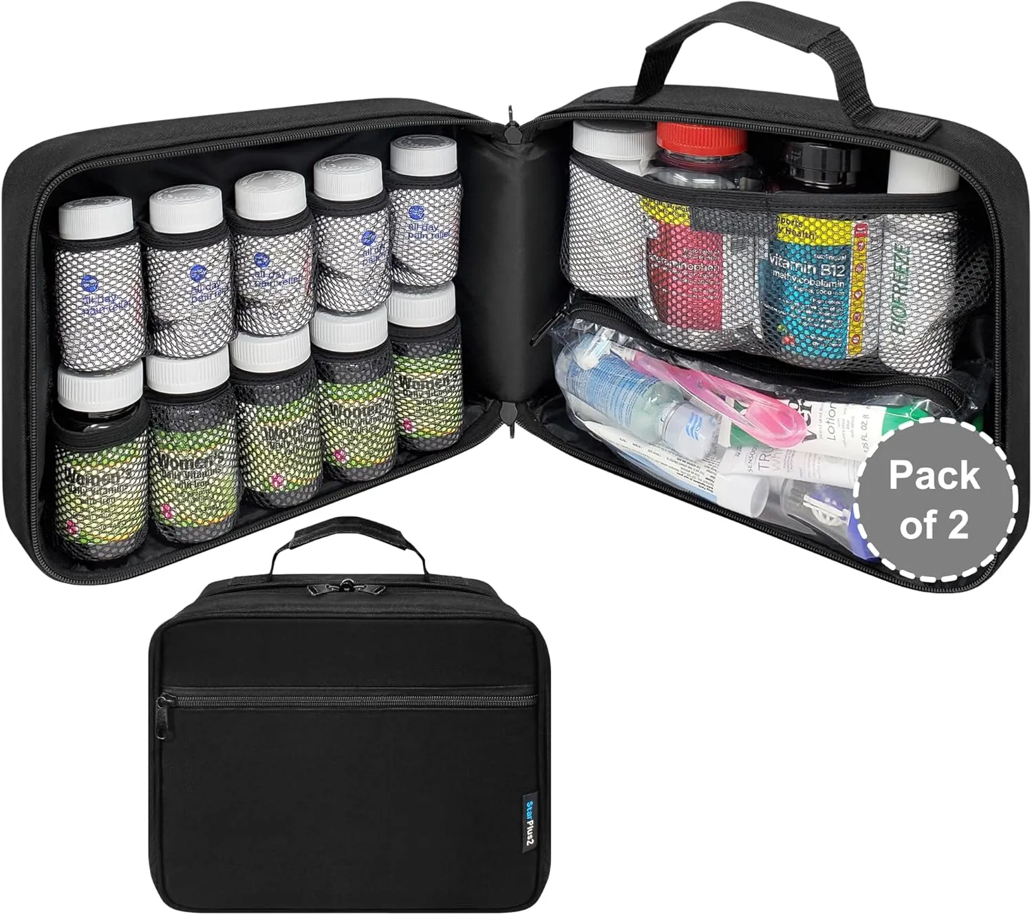 Pack of 2 - Large Padded Pill Bottle Organizer, Medicine Bag, Case, Carrier for Medications, Vitamins, and Medical Supplies with Fixed Pockets - Black (Without Lock)