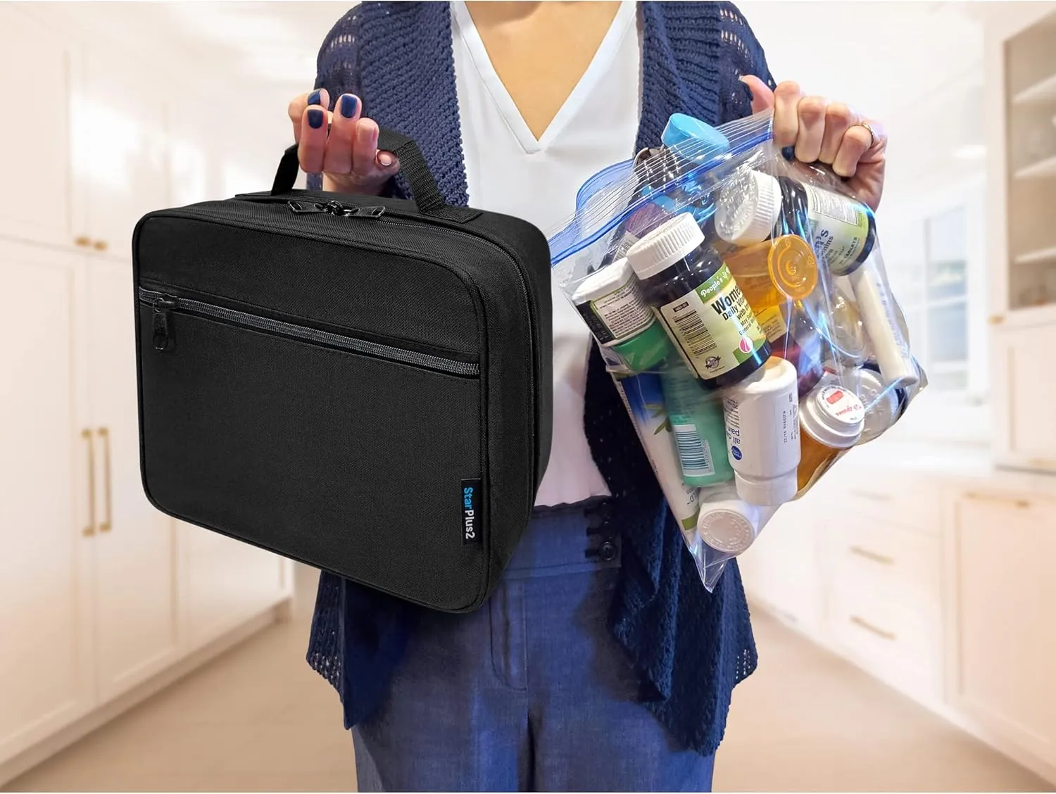 Pack of 2 - Large Padded Pill Bottle Organizer, Medicine Bag, Case, Carrier for Medications, Vitamins, and Medical Supplies with Fixed Pockets - Black (Without Lock)