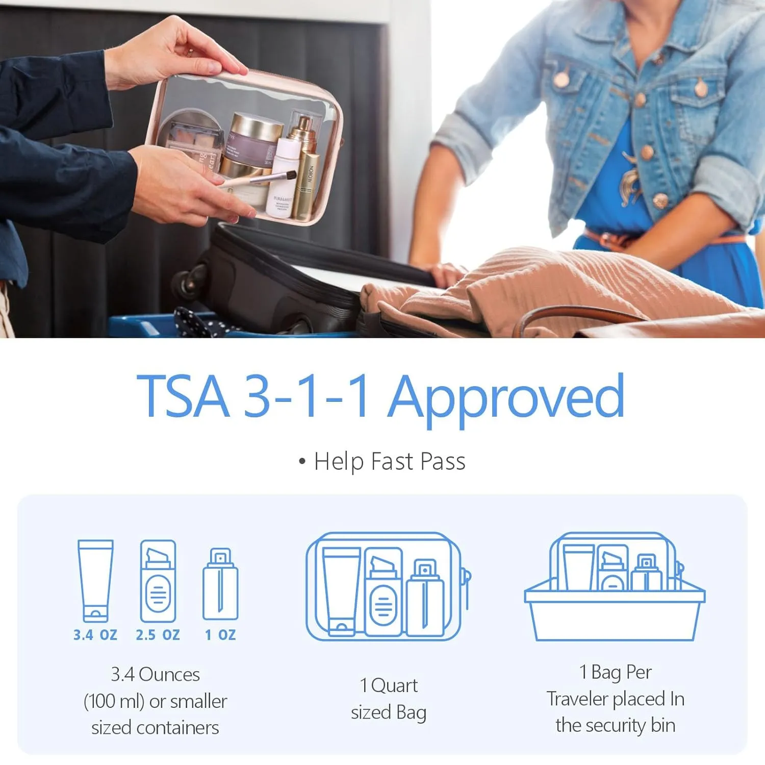 PACKISM TSA Approved Toiletry Bag - Clear Makeup Bag Waterproof Quart Size Bag, Travel Makeup Cosmetic Bag for Women, Carry on Airport Airline Compliant Bag, 3 Pack