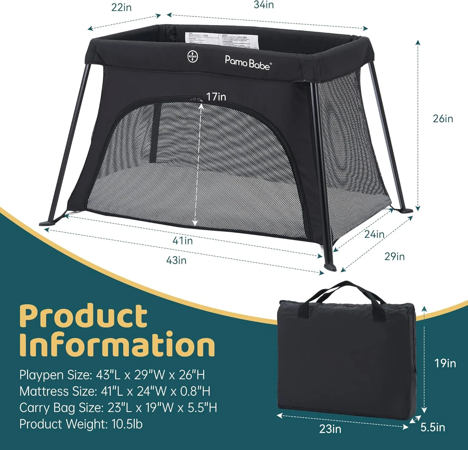 Pamo Babe Travel Crib for Baby - Mini Lightweight Baby Playard with Zip Door, Easy to Carry