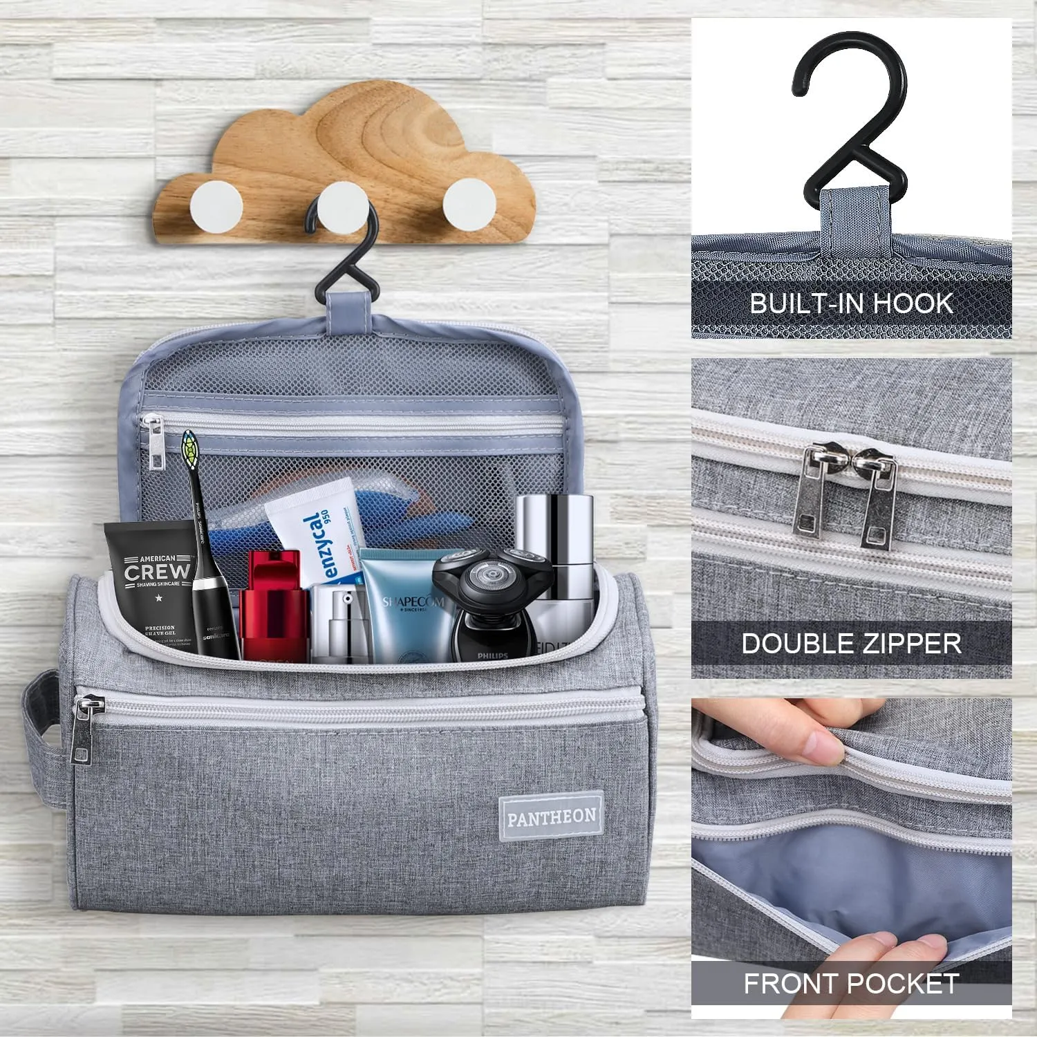 Pantheon Travel Toiletry Bag for Men and Women, Travel bag for Toiletries, Valentines Day Gifts for Men, Travel Bathroom Bag, Mens Travel Bag Hanging Toiletry Organizer Toiletry Kit (Gray)