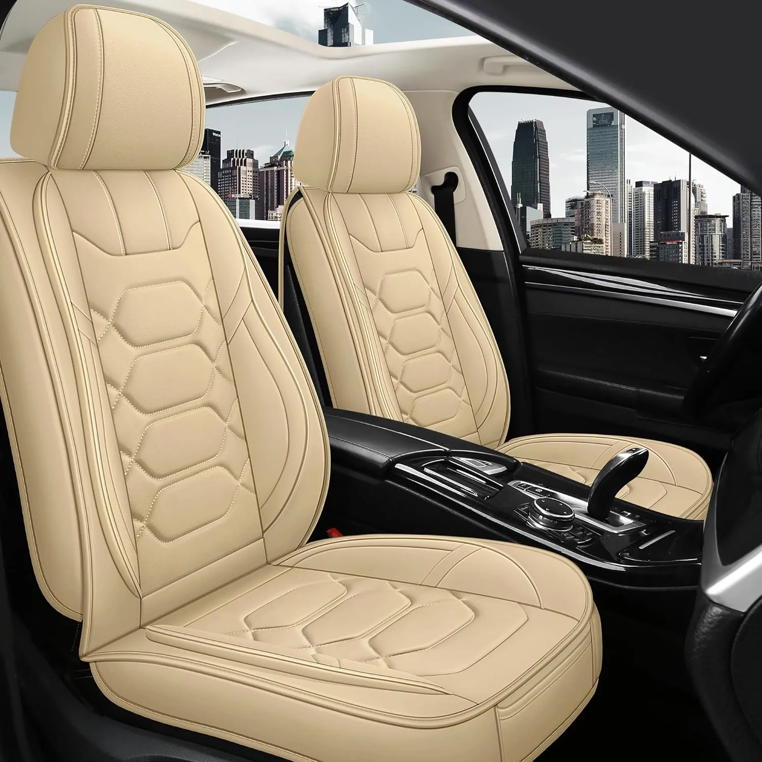 Pariitadin Leather Car Seat Covers Front Pair, Waterproof Breathable Faux Leather Automotive Seat Covers for Cars, Non-Slip Car Interior Covers Universal Fit Most Cars Sedans Trucks SUVs, Beige