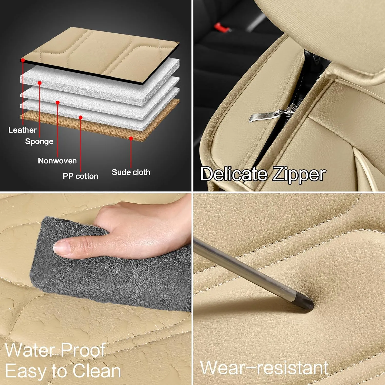 Pariitadin Leather Car Seat Covers Front Pair, Waterproof Breathable Faux Leather Automotive Seat Covers for Cars, Non-Slip Car Interior Covers Universal Fit Most Cars Sedans Trucks SUVs, Beige