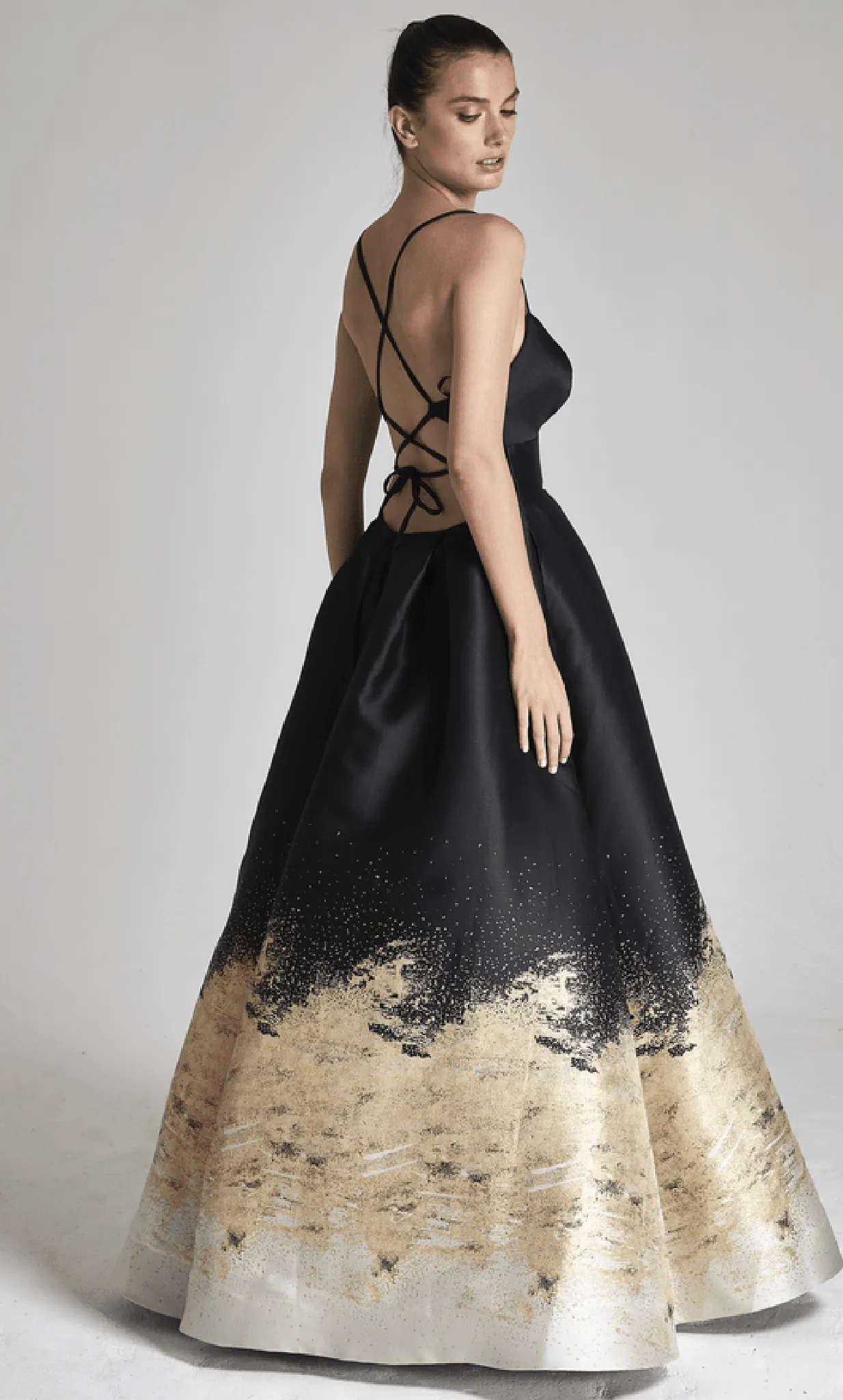 Park 108 M0038 -  Lace-Up Metallic Brocade Evening Dress