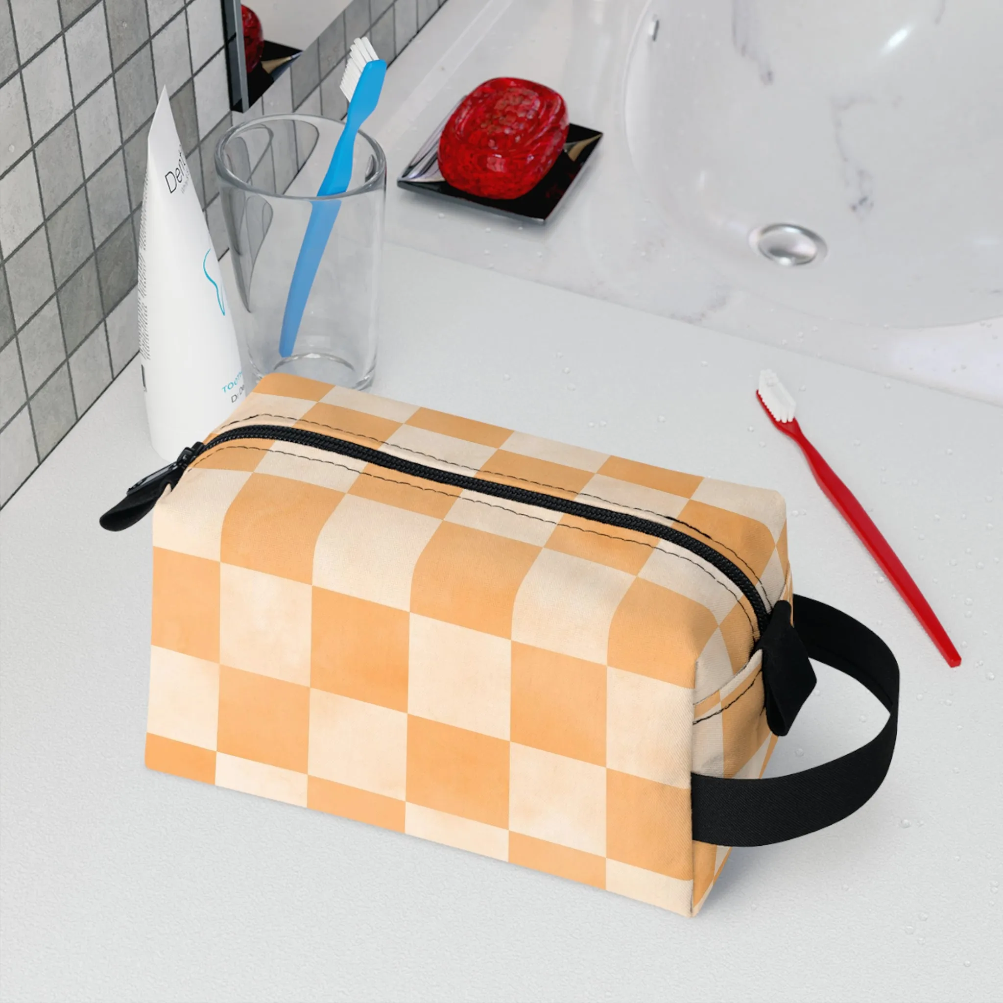 Pastel Checkers Toiletry Bag - Water-Resistant & Chic Cosmetic Organizer - Lightweight Travel Pouch - Elegant Bathroom Accessory