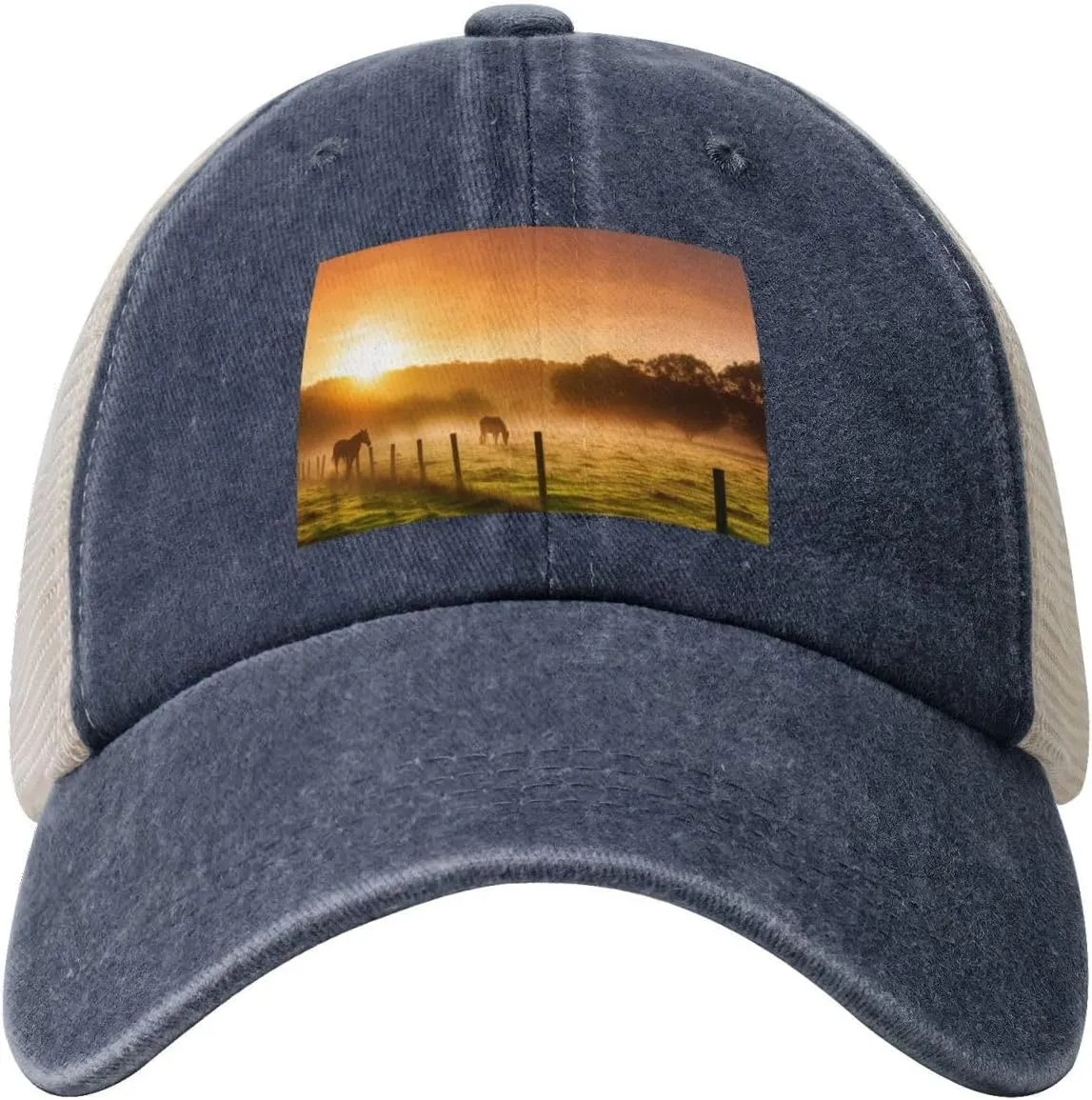 Pasture at Sundown in Orange Sunny Beams Printed Cowboy Mesh Baseball Cap â€” Adjustable mesh